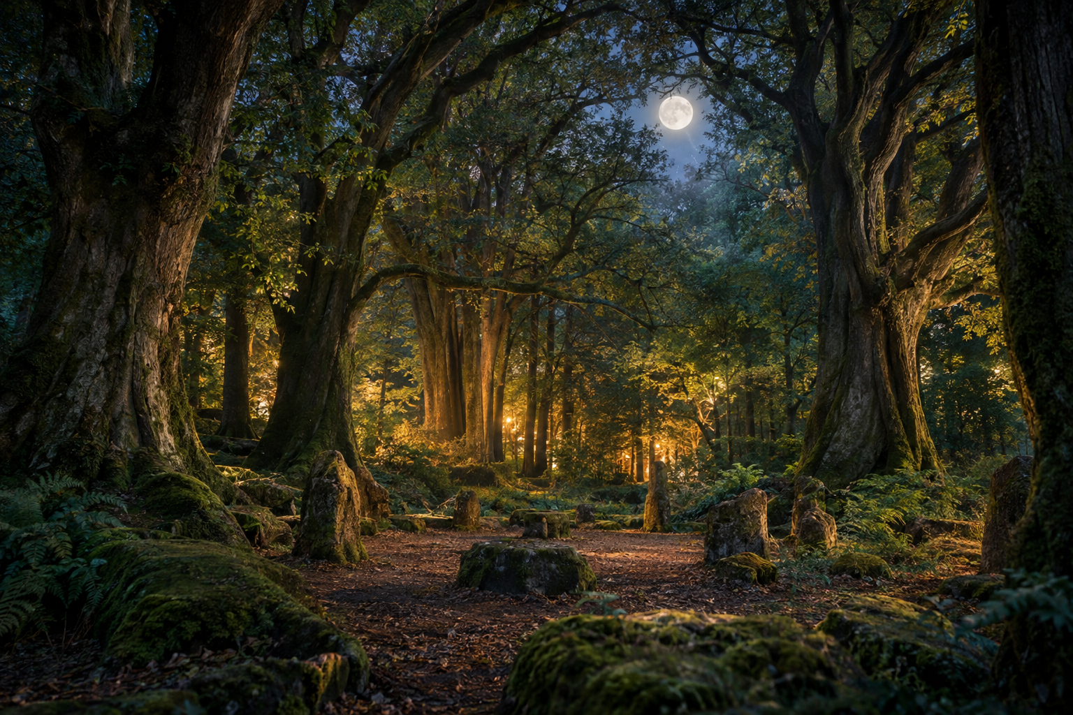 A moonlit sacred grove with ancient trees and warm golden light